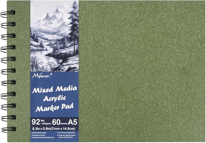 5.8x8.3in Sketch Book, 60Sheets Spiral Bound Notebooks, Bright White 92lbs/150gsm Acid-Free Drawing Paper for Painting,Sketching, Professional Sketch Pad for Artists, Beginners. BW-Grass Green