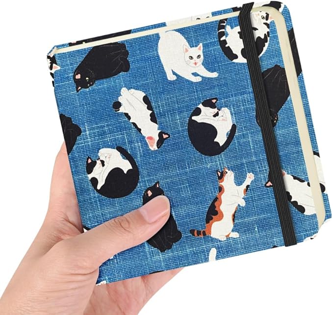 Square 4.8x4.8 inches 80gsm 96sheets/192 Pages Notebooks Blank Sketchbooks Travel Journal Pocket Hardcover Paint Writing Diary Memo Planner Cloth Cover. Cow Cat