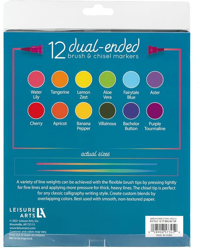 LEISURE ARTS Dual Tip Marker Brush/Chisel, Rainbow, 12Pc, Coloring Markers, Coloring Markers For Adults, Art Markers, Marker Set, Adult Book Markers