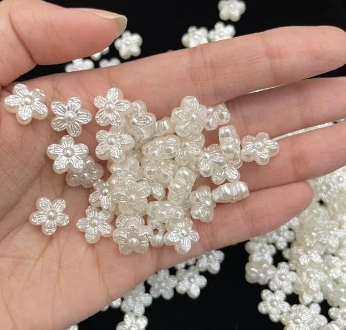 200Pcs Pearl Flower Beads for Bracelet,Cute Flatback Resin Charms for Jewelry Making Bulk Decorations,DIY Phone Charms Beads,White Unique Aesthetic Beads for Crafts