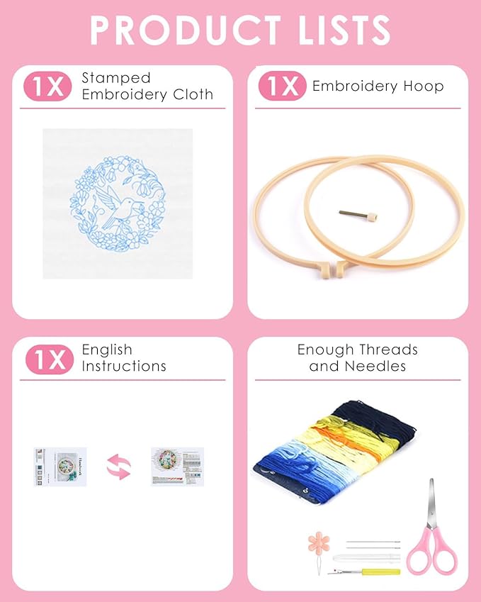 TINDTOP Embroidery Kit for Beginners Adult, Hummingbird Embroidery Kit for Beginners Include Embroidery Cloth Hoops Threads for Craft Lover Hand Stitch with Embroidery Skill Techniques