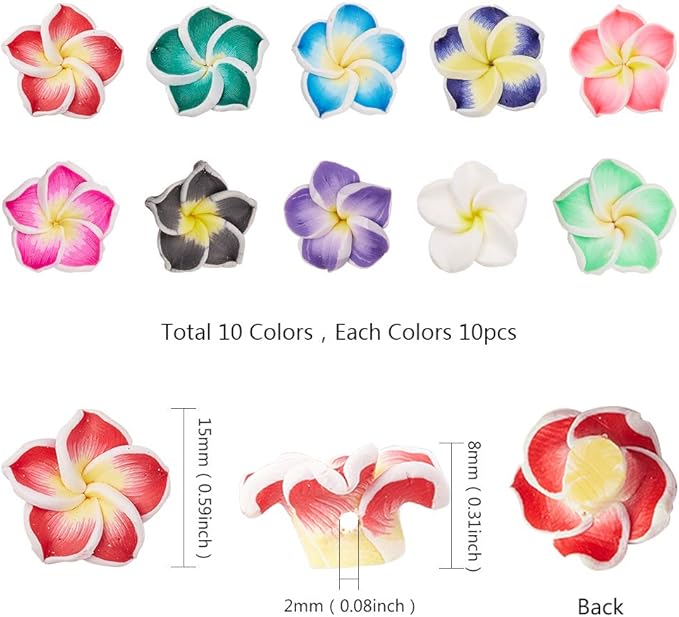 SUNNYCLUE 100Pcs 10 Color Polymer Clay Flower Beads Plumeria Spacer Loose Beads 15x8mm 5 Petal Summer Hawaii Floral Hawaiian Beach Spacer Charm Beads for Jewelry Earring Making Supplies DIY Craft