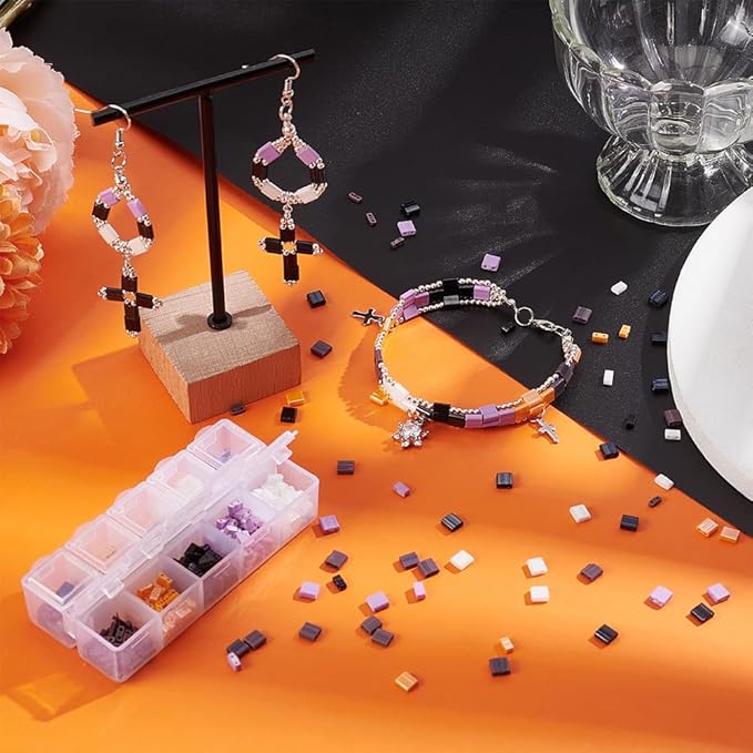 NBEADS About 500 Pcs Halloween Tile Bracelet Making Kit, Including Two Hole Glass Rectangle Beads, Big Eye Beading Needles, Elastic Thread for Bracelet Necklace Earring Jewelry Making