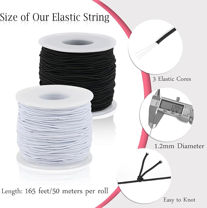 2 Rolls Stretchy Elastic Cord & Retractable Measuring Tape Set, 1.2mm x 110 Yards Beading String for Jewelry Making, Bracelets, Necklaces (Black + White)