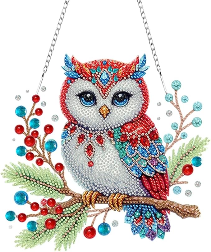 SHLUHA Diamond Art Kits for Adults Diamond Art Christmas Owl Design Special Shape Acrylic Hanging Pendant Crystal Mosaic Home Wall Door Window Decor with Chain Handmade Christmas Gift(LL075)