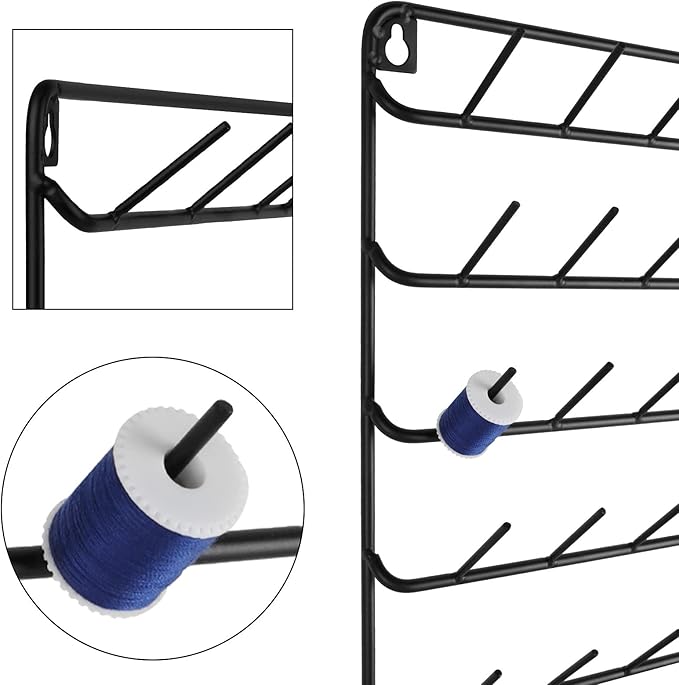 YBING Thread Holder Wall 54 Spools Thread Rack Embroidery Spool Thread Organizer Wall Mounted with Hanging Tools for Quilting Black Metal
