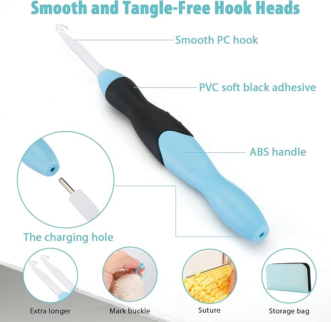 votris light up crochet hook set - 11 in 1 lighted crochet hook set for beginners, ergonomic soft grip, rechargeable light, interchangeable heads - ideal crochet hooks kit
