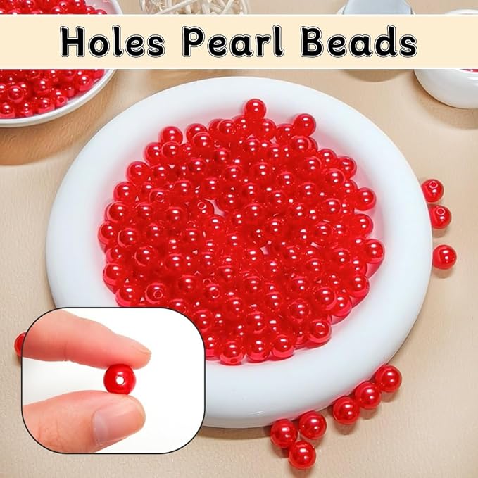 Pearl Beads for Jewelry Making Holes ABS Craft Beads with Holes for Jewelry Making, Bracelet, Necklace Crafting Bulk Bead Kit (10mm, Red/450 pcs)