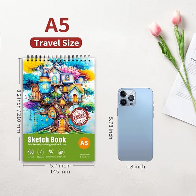 Thickened Mixed Media Sketchbook - Three Different Sizes, Drawing Paper Pad-108lb/160gsm, (Colorful Tree, A5 (Travel Size) 5.7X8.2 inch)