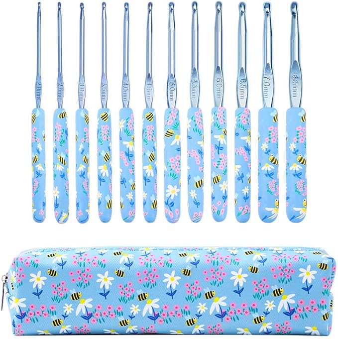 Blingcute Ergonomic Crochet Hooks Set – 12 Sizes (2.0mm–8.0mm), Soft Grip Handles with Smooth Aluminum Needles, Portable Case, Comfortable Crochet Kit for Long-Time Crocheting & Arthritic Hands