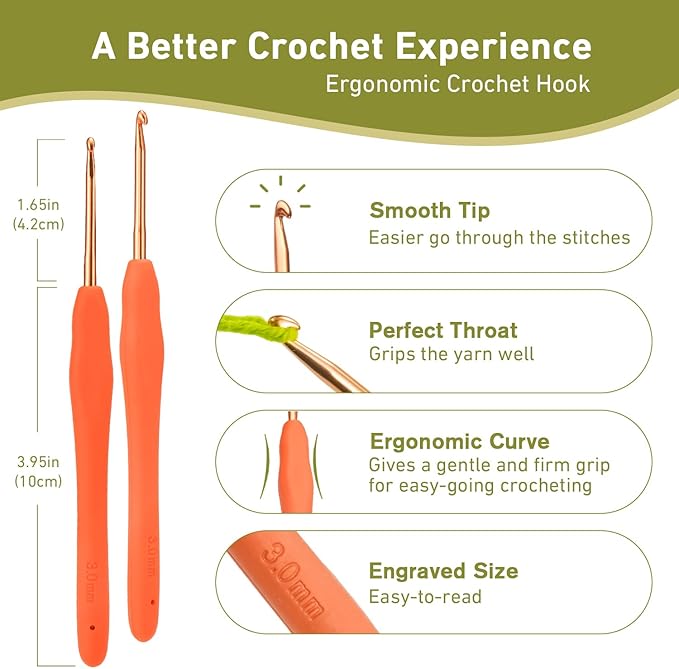 3mm Crochet Hook, Supers Smooth 3 mm Ergonomic Crochet Hooks for Beginner, Comfort for Arthritic, 1 Pack