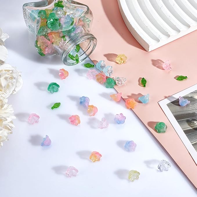NBEADS 240 Pcs Glass Bell Flower Beads Kits, Lily Flower Glass Beads Leaf Shape Acrylic Beads for DIY Jewelry Making Beading Projects Bracelets Necklaces Earrings, Hole: 1.4mm