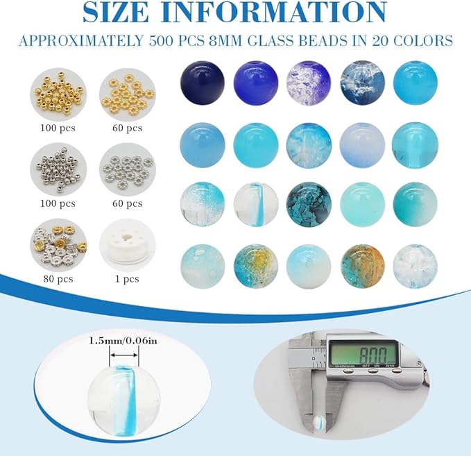 DIPSEOI 8mm Glass Beads for Bracelet Kit - 900 Pcs Jewelry Making Kits Bead DIY with Spacer Charms (Blue Series)