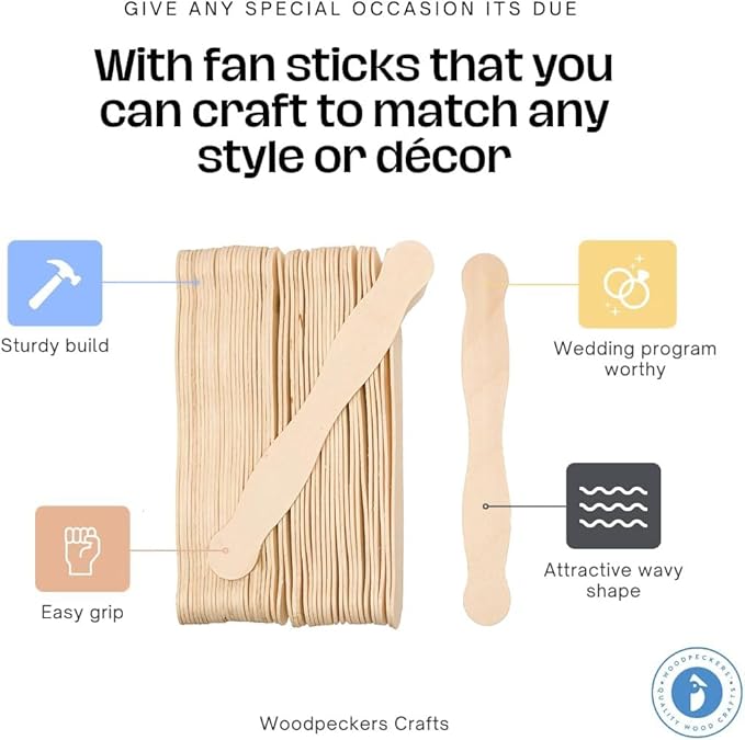 Wooden 8" Fan Handles, Wedding Programs, or Paint Mixing, Pack 75, Jumbo Craft Popsicle Sticks for Auction Bid Paddles, Wooden Wavy Flat Stems for Any DIY Crafting Supplies Kit, by Woodpeckers