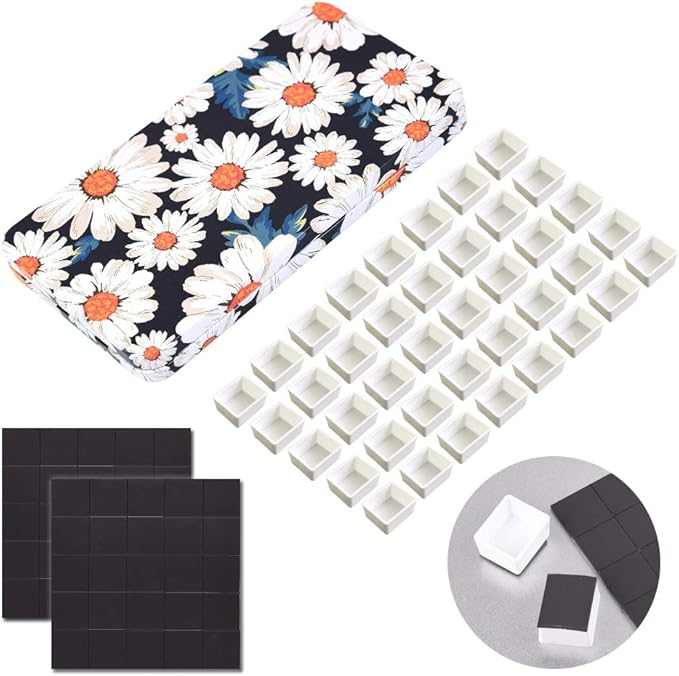 40Pcs Empty Half Pans with Magnetic Stripe Watercolor Paint Travel Tin Palette Case, Artist Paints Half Pan Kits for DIY Watercolor Oils or Acrylics Painting Art Drawing Daisy