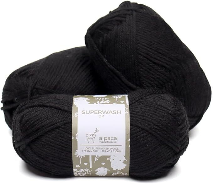100% Pure Wool Yarn Superwash Set of 3 Skeins (150 Grams) DK Weight - Sourced Directly from Peru - Heavenly Soft and Perfect for Knitting and Crocheting (Black)