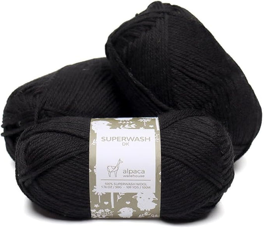 100% Pure Wool Yarn Superwash Set of 3 Skeins (150 Grams) DK Weight - Sourced Directly from Peru - Heavenly Soft and Perfect for Knitting and Crocheting (Black)