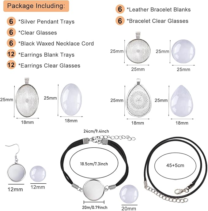 Pendant Trays Set with Cabochon Glass, Mix Pendant Bezel Blank Trays Bracelet Bangles Earrings Blanks for DIY Photo Cameo Jewelry Making Crafts