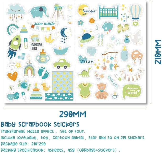 4 Sheets Baby Scrapbook Stickers – 215 Pcs Newborn Journal Stickers for Memory Book, Baby Shower, Milestone, Planner – Waterproof Baby's First Year Scrapbook Decals Supplies