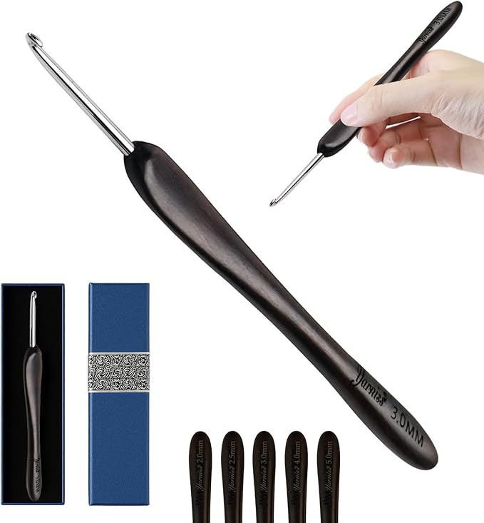 Yarniss 3mm Ergonomic Crochet Hook for Arthritic Hands, Stainless Steel Crochet Needle with Wood Handle, Smooth Glide Yarn Needle for Knitting & Crocheting