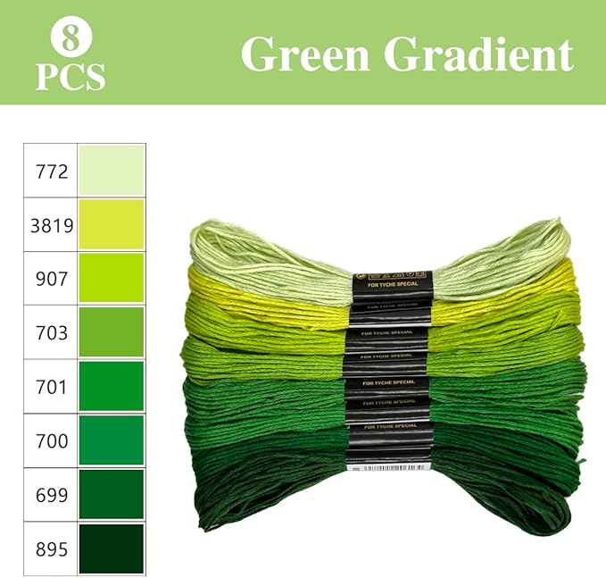 8 Shades Green Gradient Embroidery Thread Set - 8 Meters Each for Hand Embroidery Sewing Crafts (Mint to Forest Ombre)(67977)