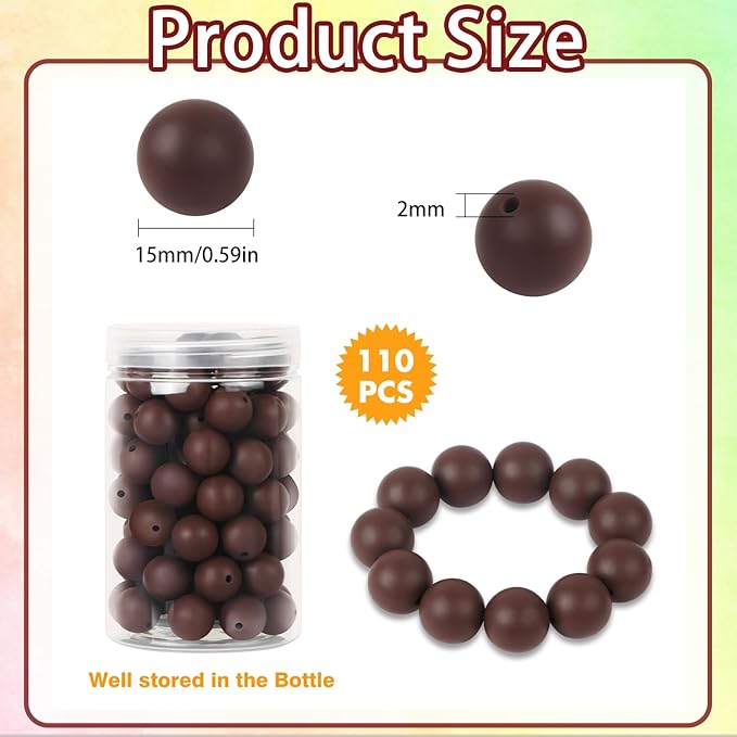 110 Pcs Silicone Focal Beads, EVERMARKET 15mm Silicone Beads for Keychain Making, Round Silicone Beads Bulk with Bottle, Rubber Loose Beads for Pens Crafts Necklace Bracelet Lanyard (Coffee)