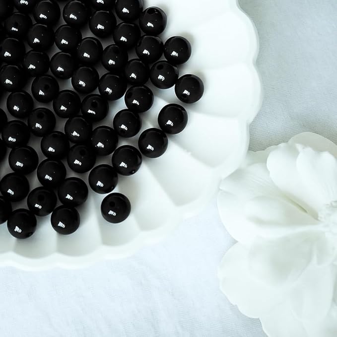 Jabrand 100pcs Black Beads, 8mm Porcelain Beads for Jewelry Making Round Ceramic Bead Unique Vintage Bead for Craft Beading Kit Bracelets DIY Decor
