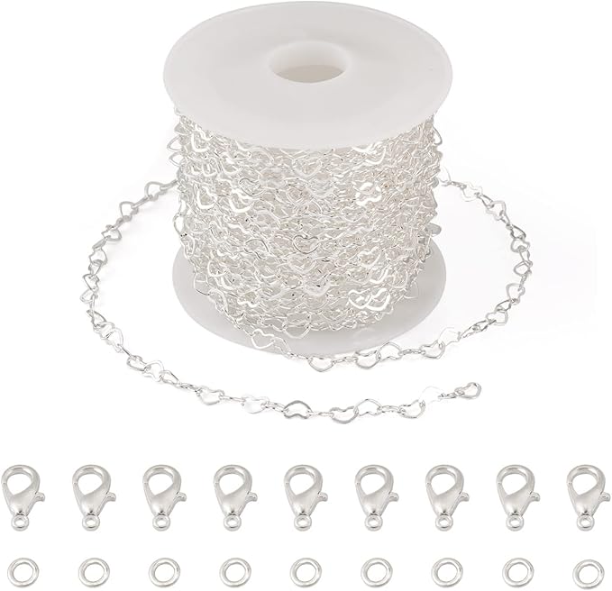 PH PandaHall 16.4 Feet Brass Heart Link Chains 18K White Gold Plated Heart Chains Soldered Jewelry Chains with 50Pcs Jump Rings Lobster Claw Clasps for Bracelet Necklace Jewelry Making