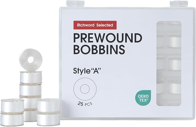 Poolin Prewound Bobbins Richword Selected White 25pcs Size A Bobbins, Plastic Sided, 70D/2(60WT) Polyester Bobbin Thread for Single Needle Embroidery and Sewing Machine