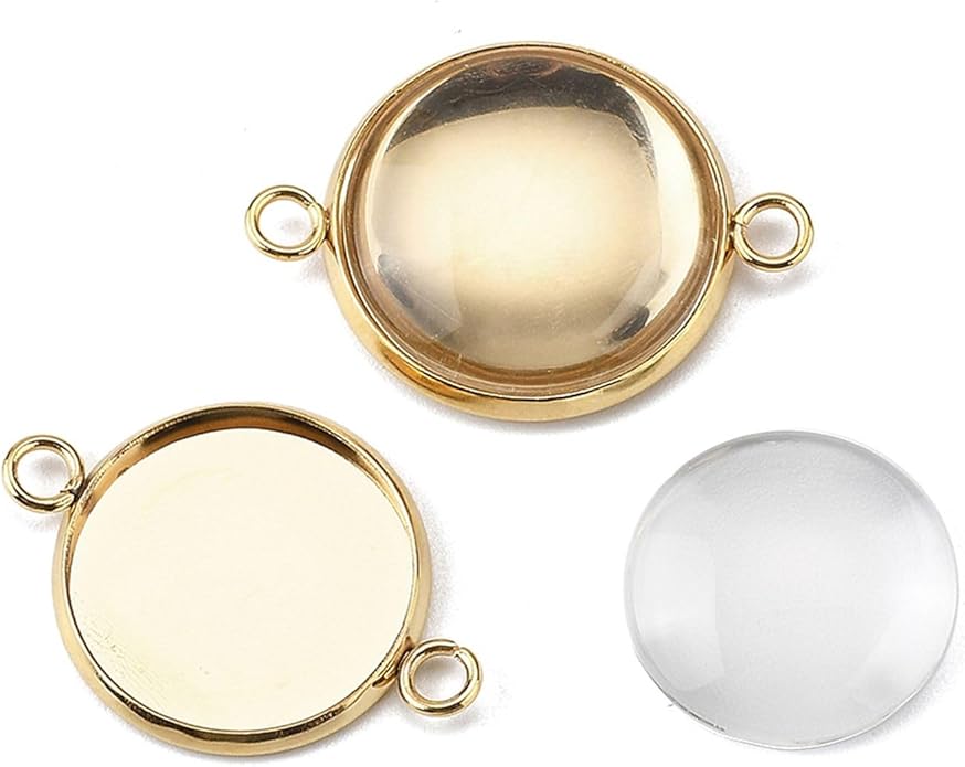 Stainless Steel Blank Dome Links Pendant Tray Connectors with Double Loops for Earrings Bracelets Necklaces Keychains DIY Craft Golden Glass Cabochon Jewelry Making Kit