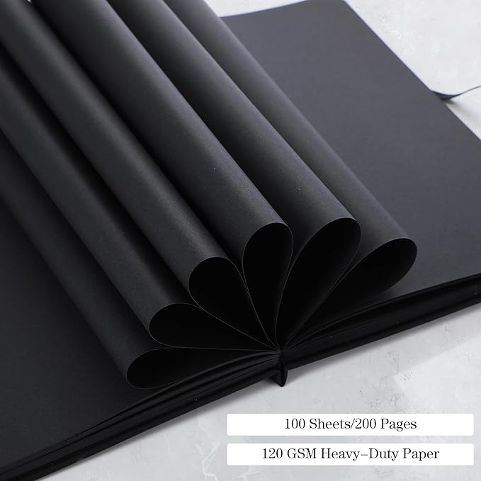 Thenshop 2 Pcs/200 Sheets Black Paper Sketchbook with 12 Metallic Marker Pens Set 6 x 8 in Black Writing Page Journal Notebook for Colored Gel Pens PU Hardcover Drawing Gifts