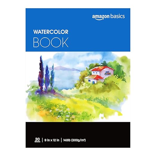 Amazon Basics Watercolor Pad for Beginners, Artists, Adults and Students, Cold Press Textured Surface, 9"x12", 140 lb / 300 gsm, 30 Sheets, White
