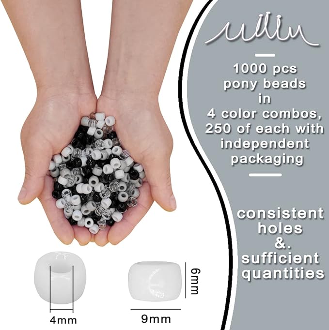 MIIIM 1000PCS 6x9mm Pony Beads Bulk, Black and White Kandi Beads for Bracelets Making Kit, Hair Braids Crafts for Jewelry Making (Neutral)
