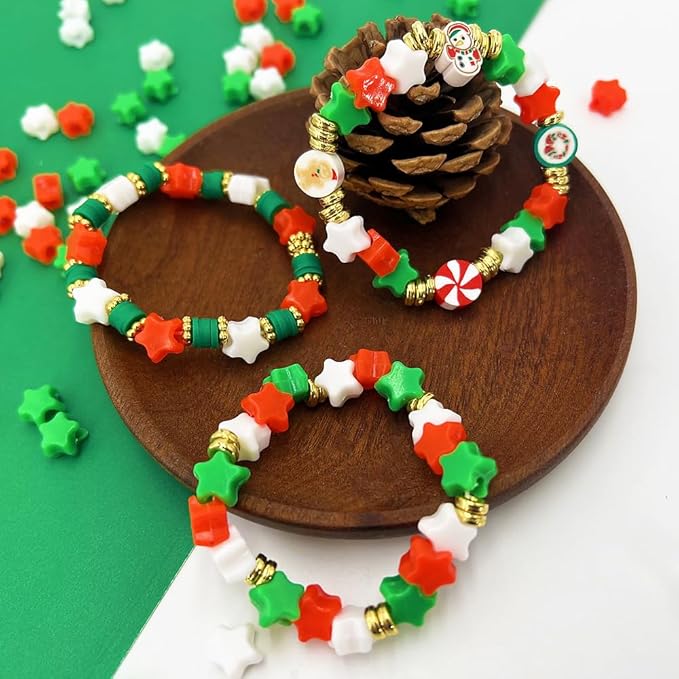 MIIIM 1000 Pcs Christmas Star Pony Beads Shapes for Friendship Bracelet, Large Hole Kandi Beads for Hair Braids, Jewelry Making (Red Green White Star)