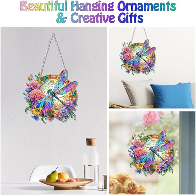 Koikify Diamond Painting Kits Hanging Pendant, Flower & Dragonfly Crystal Diamond Art Hanging Sign, Double-Sided Pattern Craft Ornament for Home Decoration and Gift