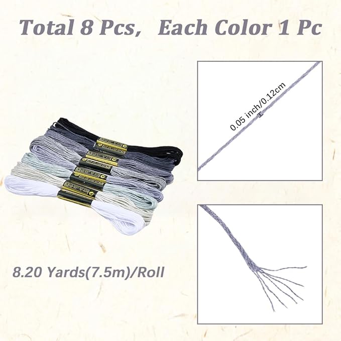 8 Skeins Embroidery Thread Friendship Bracelets String Cross Stitch Threads Cotton Floss Yarn 6 Ply 65yard 1.2mm for DIY Jewelry Making Sewing Needlework Knitting Stitching Craft Supply Gray
