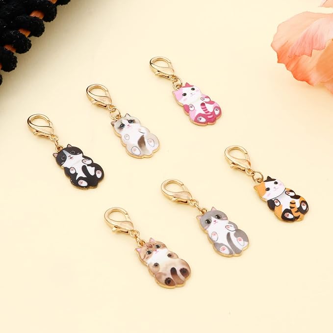 DoreenBeads 6Pcs Cat Stitch Marker Charms for Crocheting and Knitting, Locking Alloy Enamel Crochet Stitch Marker with Lobster Clasp Knitting Crocheting Accessories Gold