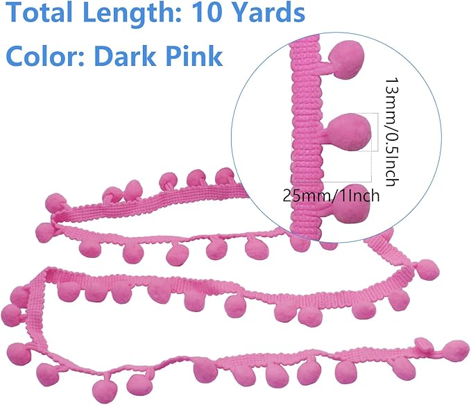 Homiest 10 Yards Pom Pom Trim for Sewing, 1 Inch Wide Dark Pink Ribbon Bundles Textured Fabric Fringe Ribbon, 13mm Ball Pompom Trim for DIY Crafts Curtain Clothes Pillow Home Decoration