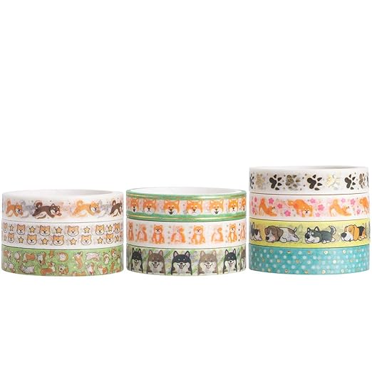 YUBBAEX 10 Rolls Sparkling Washi Tape Set 8mm Skinny Gold Foil Decorative Masking Washi Tapes for Journal,Scrapbook, Planner, DIY Crafts (Cartoon Doggy)
