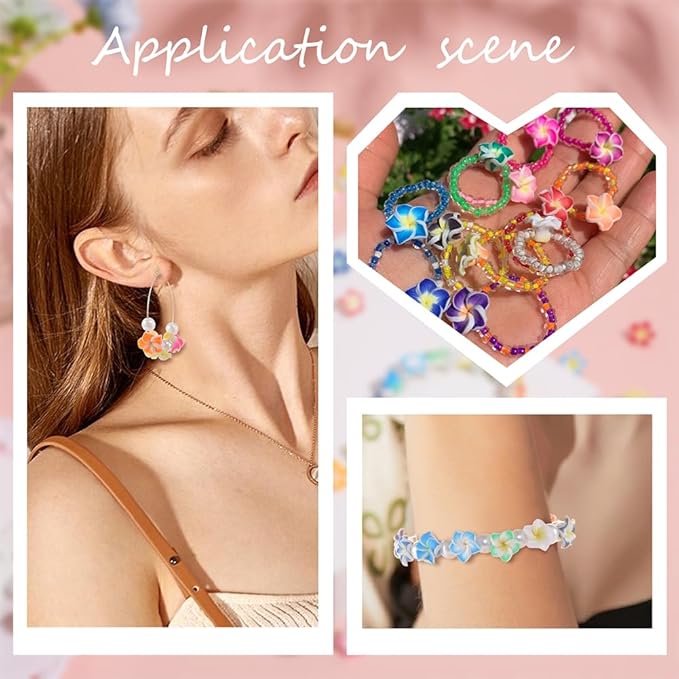 SUNNYCLUE 100Pcs Plumeria Beads Polymer Clay Flower Beads Bulk Handmade Hawaiian Plumerias Flowers 12x8mm Flat Back Floral Charms Summer Colorful 3D Loose Spacers for Jewelry Making Beading Kit