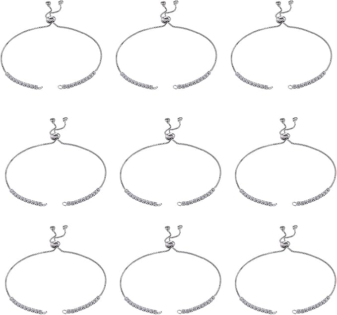 FASHEWELRY 10 Strands Adjustable Brass Bracelet Slider Extender Chains Micro Pave with Cubic Zirconia Ends 11"(280mm) Platinum Plated for DIY Jewelry Making