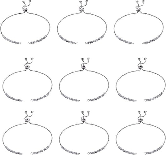 FASHEWELRY 10 Strands Adjustable Brass Bracelet Slider Extender Chains Micro Pave with Cubic Zirconia Ends 11"(280mm) Platinum Plated for DIY Jewelry Making