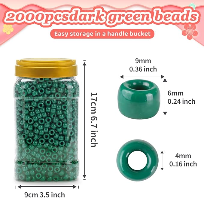 iooleem pony beads(2000pcs dark green pony beads), beads for bracelets making, beads for crafts, beading supplies, friendship bracelets making.