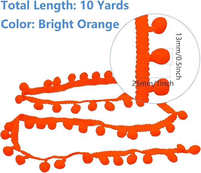 Homiest 10 Yards Pom Pom Trim for Sewing, 1 Inch Wide Bright Orange Ribbon Bundles Textured Fabric Fringe Ribbon, 13mm Ball Pompom Trim for DIY Crafts Curtain Clothes Pillow Home Decoration