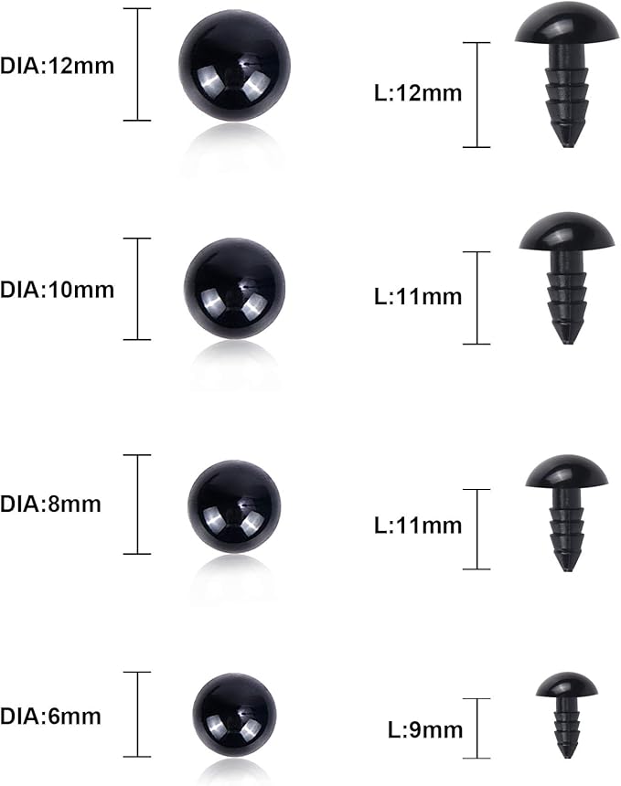 UPINS 500 Pieces 6-12MM Black Plastic Safety Eyes with Washers for Crochet Animal Crafts Doll Making Supplier Bulk (4 Sizes)