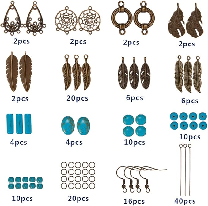 SUNNYCLUE 1 Box DIY 8 Pairs Bohemian Feather Dream Catcher Earring Making Kit Antique Bronze Feather Charm Connector, Turquoise Gemstone Beads, Earring Hooks Jewelry Supplies Beginners, Instruction