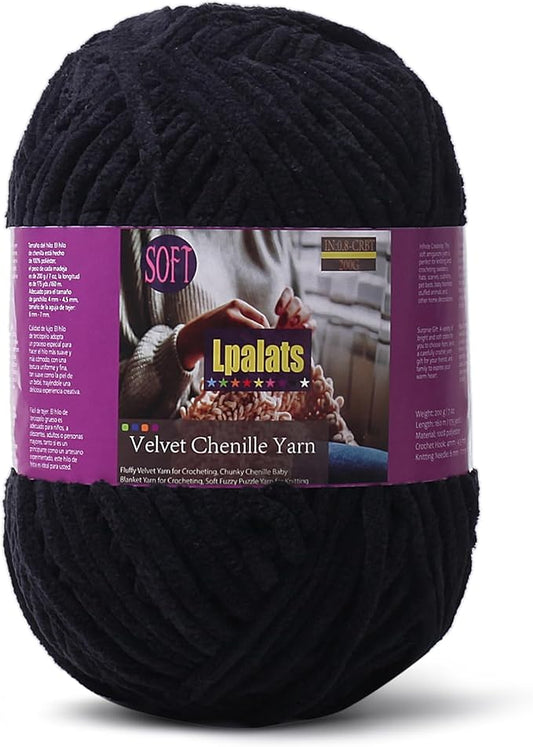 Baby Blanket Yarn for Crocheting - 1 Pack of 200g/7oz Chunky Chenille Yarn for Knitting Blankets Amigurumi - #6 Super Bulky - 174 Yards Soft Thick Plush Yarns (1, Black)