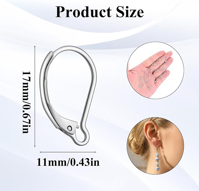 50pcs leverback earring hooks,stainless steel lever back earring findings, french ear clasps for dangles earrings diy jewelry making, smooth to open & close (silver)