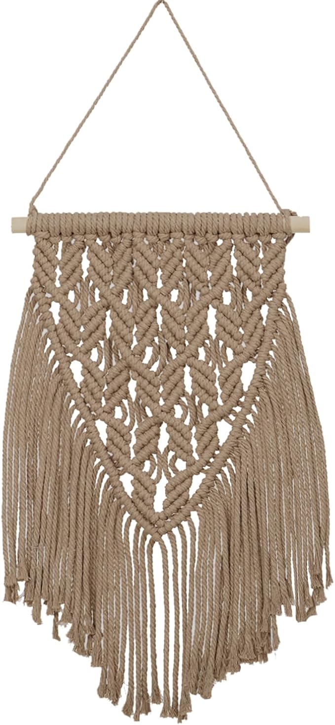 small macrame wall hanging decor boho tapestry for bedroom living room dorm nursery and office, cute aesthetic wall art for small spaces for teen girls and home decor (beige brown, 16*10 inch)