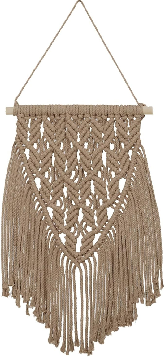 small macrame wall hanging decor boho tapestry for bedroom living room dorm nursery and office, cute aesthetic wall art for small spaces for teen girls and home decor (beige brown, 16*10 inch)